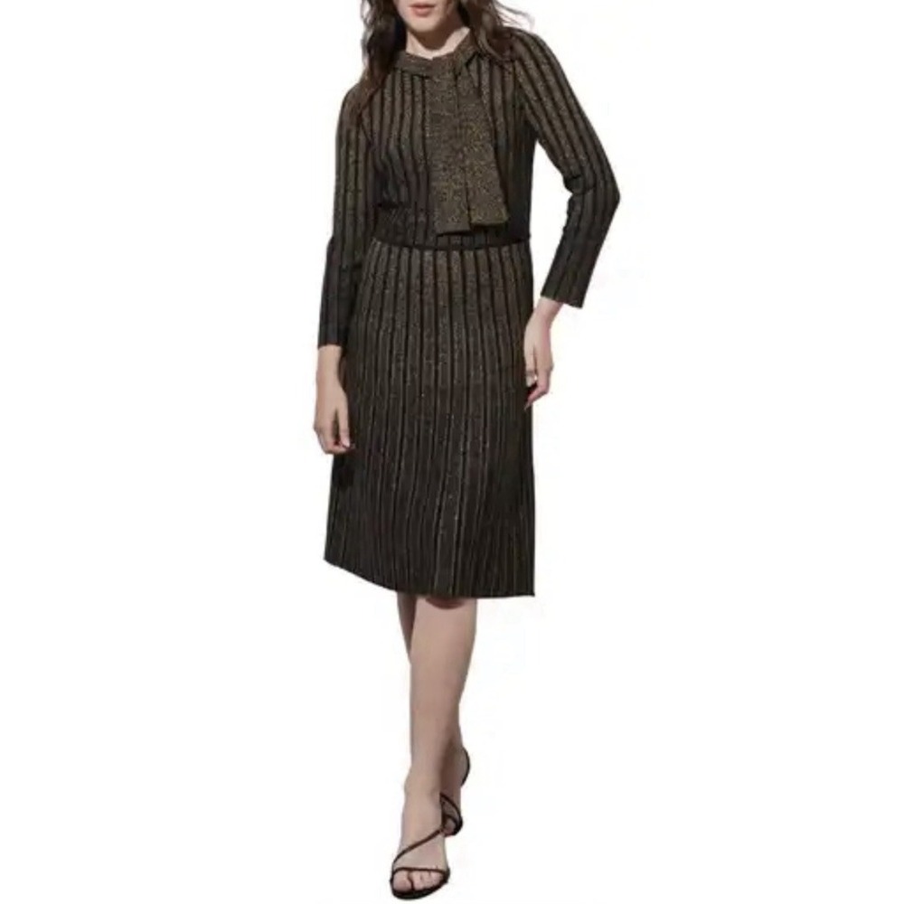 NWT Ming Wang Shimmer Metallic Black Gold Stripe Tie Neck Sweater Dress 3X, $295